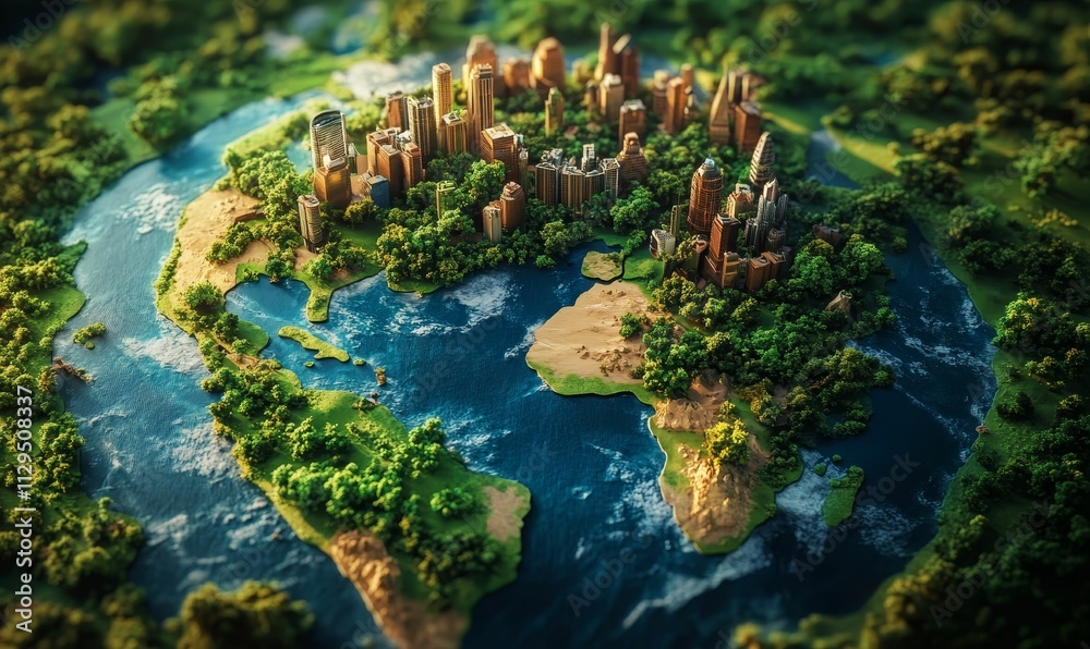 City nestled in lush green, surrounded by water.
