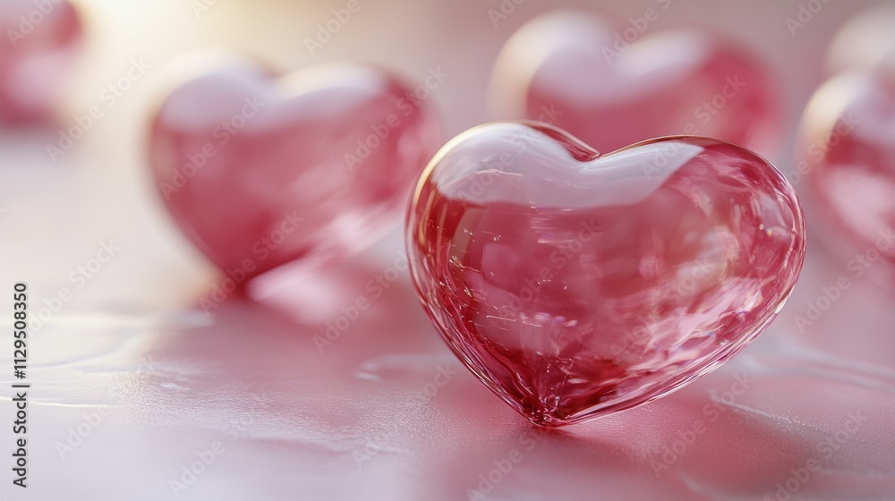 Beautiful pink glass hearts scattered on a soft surface creating a romantic atmosphere Beautiful pink glass hearts scattered on a soft surface creating a romantic atmosphere