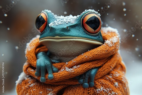 3d colorful frog character in winter clothes/banner/web/design/ photo