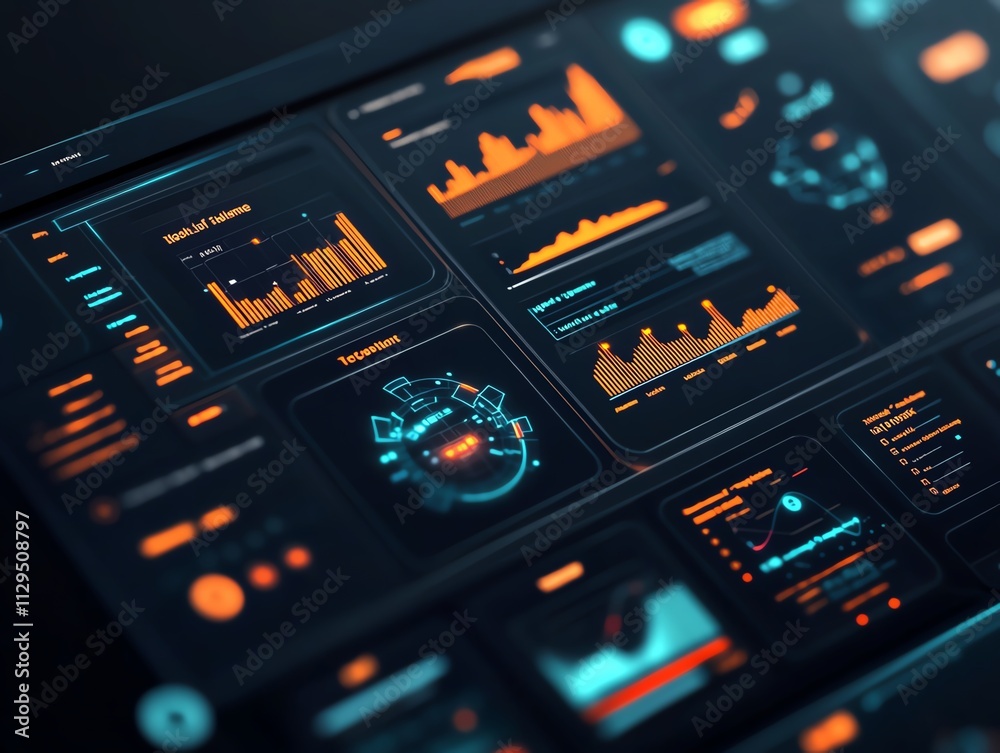 Futuristic digital dashboard with data visualization and analytics on a screen. Futuristic digital dashboard with data visualization and analytics on a screen.