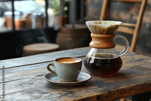 Artisanal coffee setup with pour-over coffee maker and ceramic cup