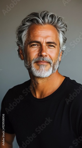 Mature man with salt and pepper hair poses confidently in a casual black shirt indoors