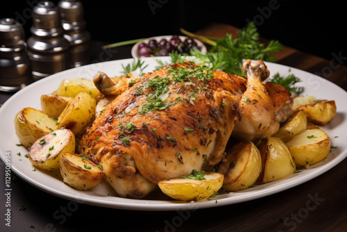 Succulent roasted chicken presented with crispy, golden potatoes and garnished with fresh herbs. Dish looks appetizing and ready to serve, perfect for hearty meal.