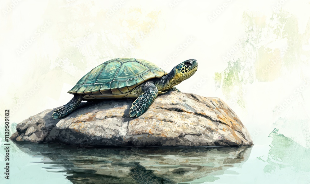 Obraz premium A turtle rests on a rock, surrounded by water, showcasing its vibrant shell and serene environment.