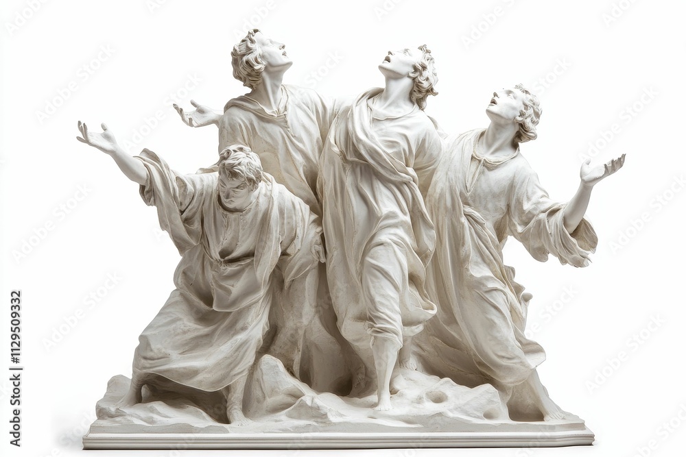 Obraz premium Four figures, stone, dramatic poses, upward gaze.