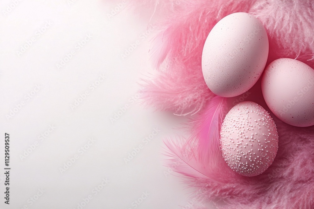 Creative pastel pink eggs arranged with feathers for spring celebration decor Creative pastel pink eggs arranged with feathers for spring celebration decor