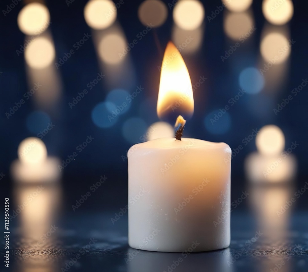 Luminous white candle flame in focus against blue bokeh, ritual, spark, peaceful Luminous white candle flame in focus against blue bokeh, ritual, spark, peaceful