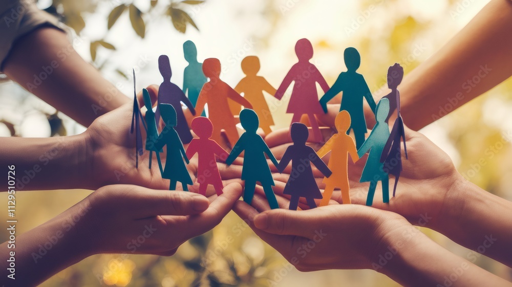 Hands Holding Paper People in Circle: A symbol of unity, community, and support. The colorful paper people represent diversity and inclusion. Hands Holding Paper People in Circle: A symbol of unity, community, and support. The colorful paper people represent diversity and inclusion.