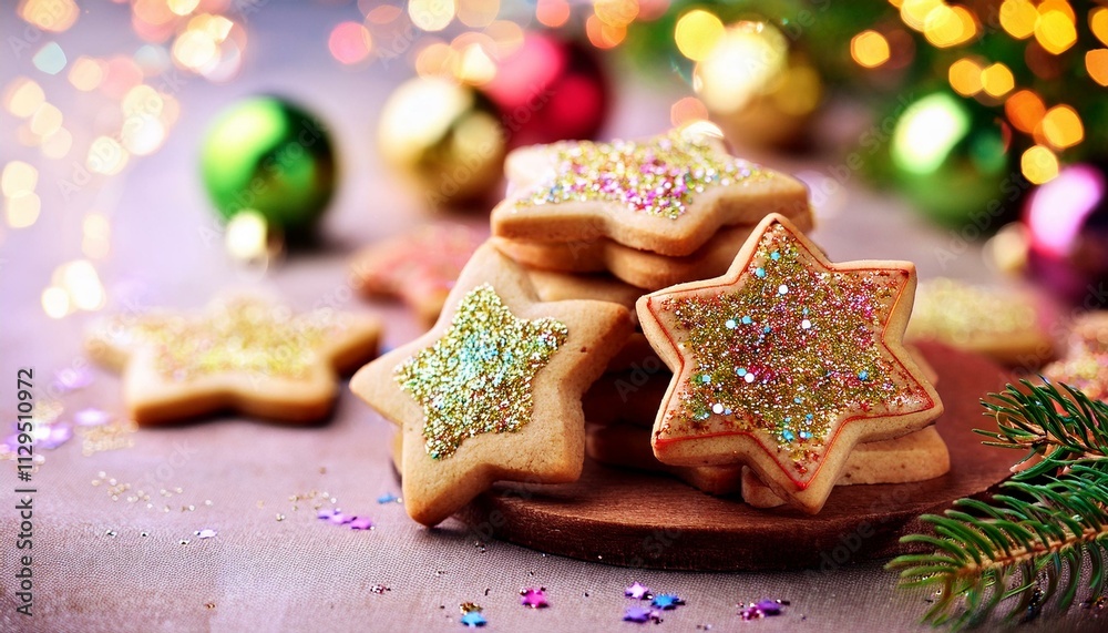 festive display of star-shaped cookies, each sprinkled with colorful, glittering sugar, arranged on a wooden plate. festive display of star-shaped cookies, each sprinkled with colorful, glittering sugar, arranged on a wooden plate.