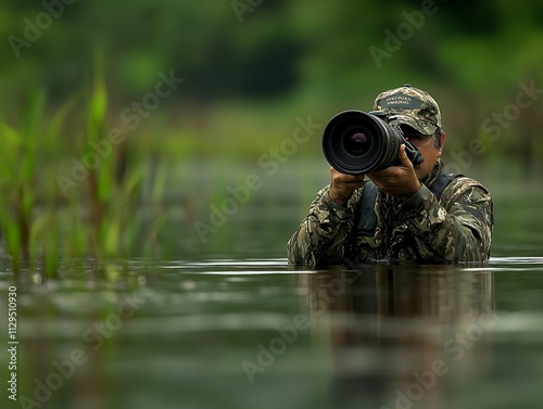 Camouflaged wildlife photographer standing in water, aiming a telephoto lens in nature photo