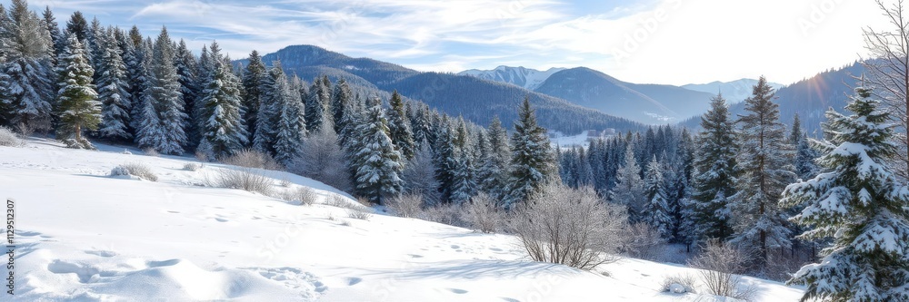 Winter landscape with a fresh blanket of snow covering the ground, trees, and mountains in the background, tranquil, frosty Winter landscape with a fresh blanket of snow covering the ground, trees, and mountains in the background, tranquil, frosty