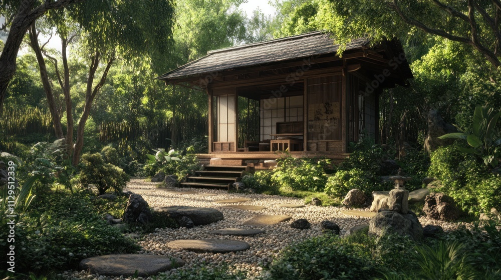 Tranquil Asian garden pavilion with stone path. Tranquil Asian garden pavilion with stone path.