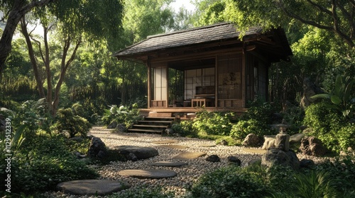 Tranquil Asian garden pavilion with stone path.