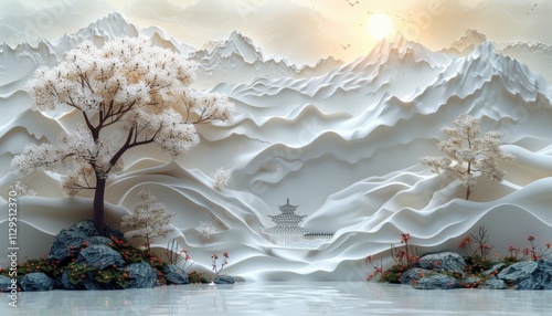 A mountain landscape with a tree and a small building in the distance