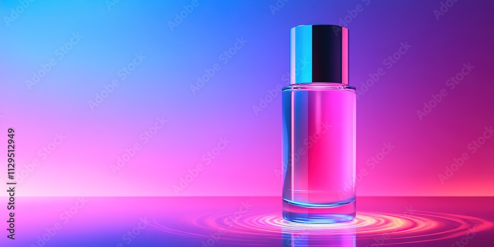 Brightly lit perfume bottle on neon gradient backdrop Brightly lit perfume bottle on neon gradient backdrop