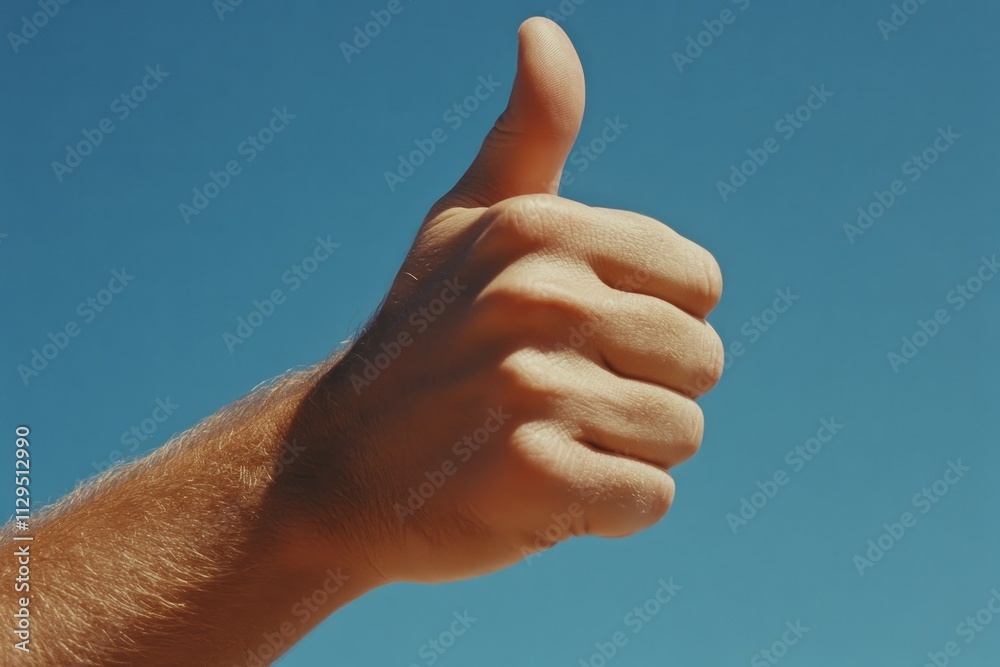 Hand giving a thumbs up gesture against a clear blue sky in a sunny outdoor setting Hand giving a thumbs up gesture against a clear blue sky in a sunny outdoor setting