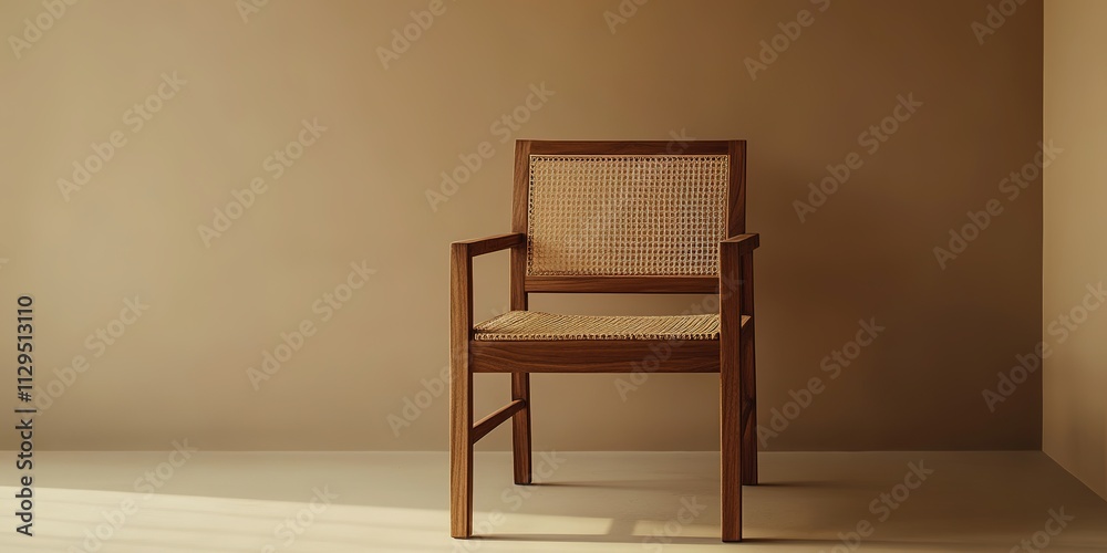 Minimalist wooden chair against beige background, ample space