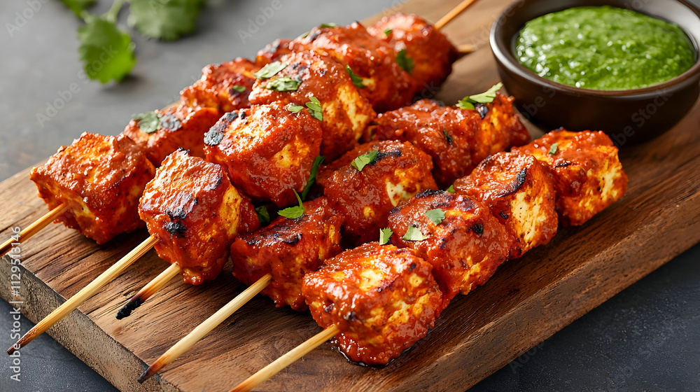 Savory skewers of marinated paneer grilled to perfection, served with vibrant green chutney on a rustic wooden platter, inviting the senses with an enticing aroma Savory skewers of marinated paneer grilled to perfection, served with vibrant green chutney on a rustic wooden platter, inviting the senses with an enticing aroma
