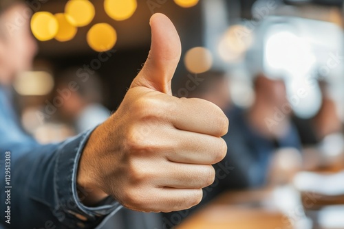 Person shows thumbs up gesture in a busy cafe during afternoon with warm bokeh lights in background