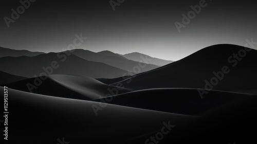 A monochromatic landscape depicting rolling dunes and distant mountains in soft gradients. photo