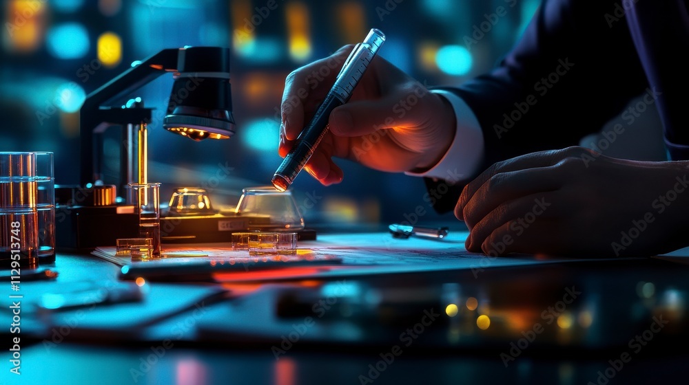 Close-Up of a Professional in a Dark Laboratory Holding a Pen Over Paper with Scientific Instruments, Microscopes, and Test Tubes on a Table in a Modern Urban Setting Close-Up of a Professional in a Dark Laboratory Holding a Pen Over Paper with Scientific Instruments, Microscopes, and Test Tubes on a Table in a Modern Urban Setting