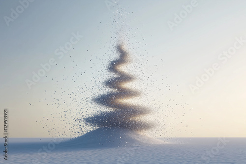 A minimalist abstract image of a Christmas tree created entirely from blown snow.
