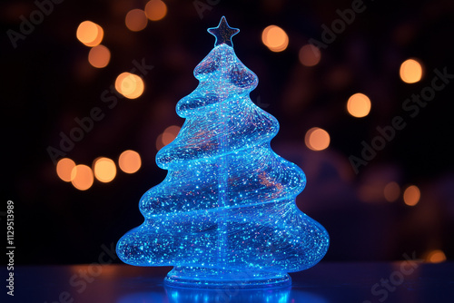 Blue crystal Christmas tree, glowing with festive lights.