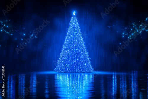 Blue big Christmas tree with lights
