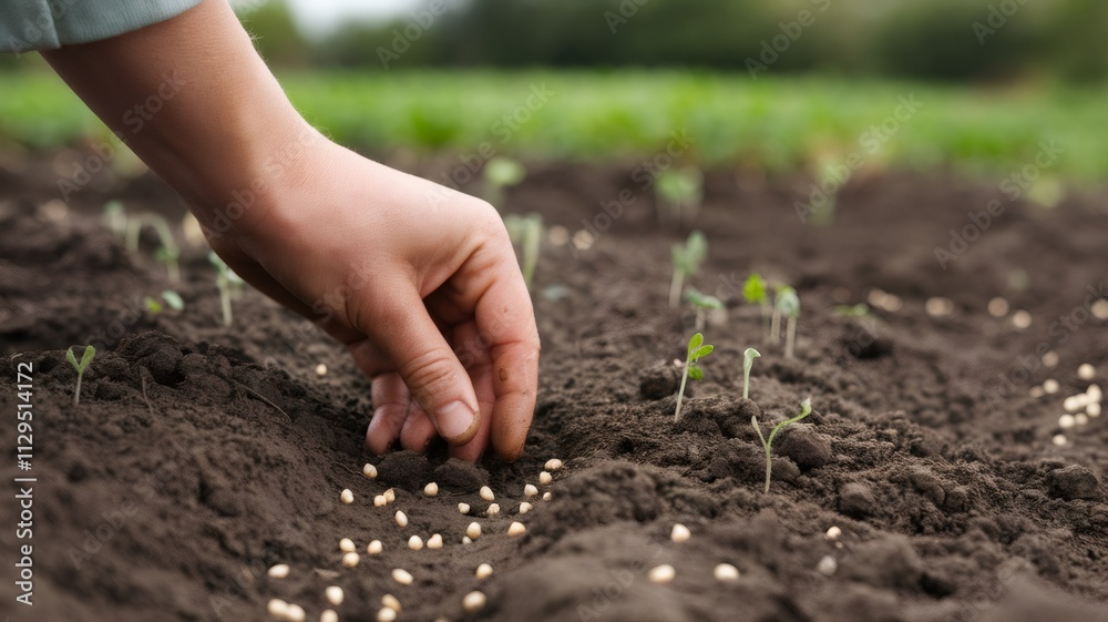 Hand Planting Seeds: A close-up view of a hand gently placing seeds into rich, dark soil, with tiny seedlings already sprouting nearby. Symbol of growth, new beginnings, and nurturing life. Hand Planting Seeds: A close-up view of a hand gently placing seeds into rich, dark soil, with tiny seedlings already sprouting nearby. Symbol of growth, new beginnings, and nurturing life.