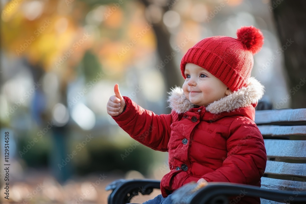 Happy child giving a thumbs up while sitting on a park bench during autumn Happy child giving a thumbs up while sitting on a park bench during autumn
