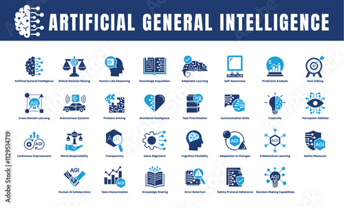 Artificial General Intelligence Icon Set – Professional Visuals Representing Key Concepts in AI Ethics, Decision-Making, Learning, and Collaboration