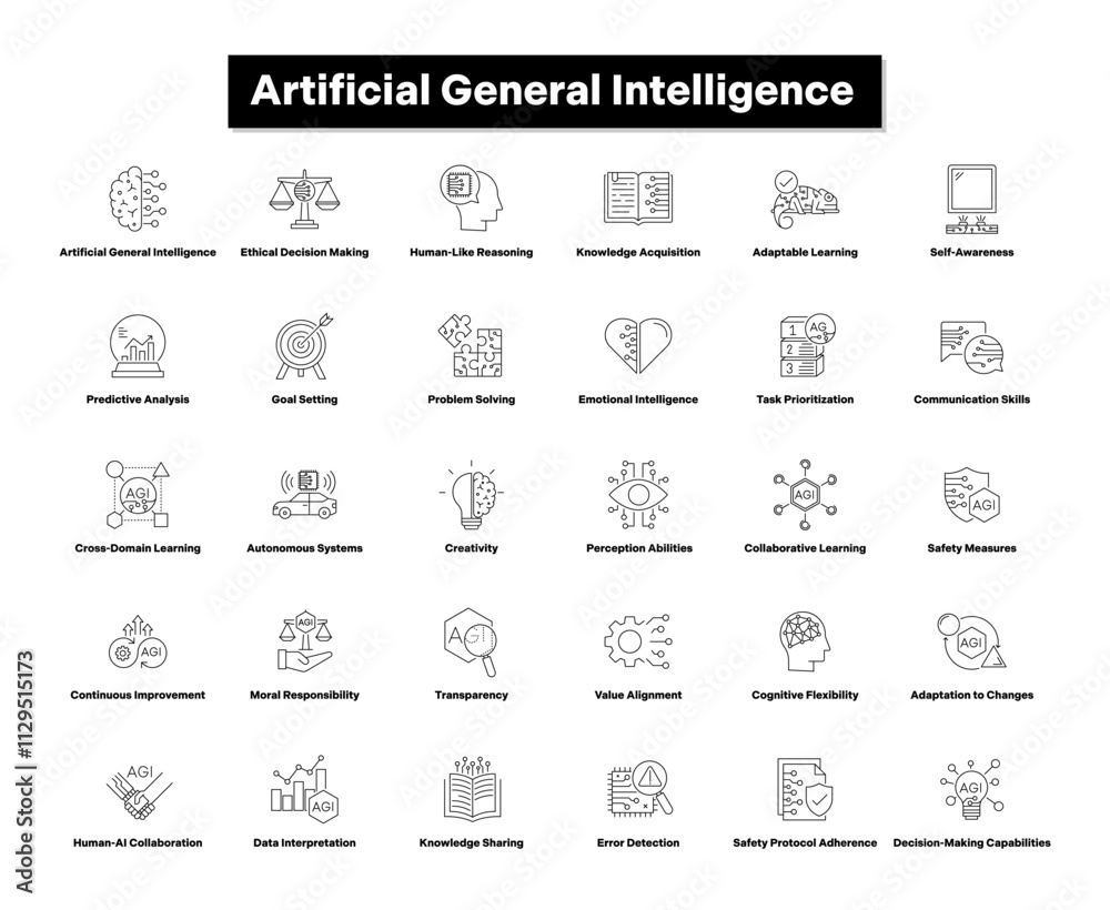 Artificial General Intelligence vector Icon Set-Highlighting AI Capabilities, Ethics, Learning, and Collaboration. AGI black outline icon set. Artificial General Intelligence vector Icon Set-Highlighting AI Capabilities, Ethics, Learning, and Collaboration. AGI black outline icon set.