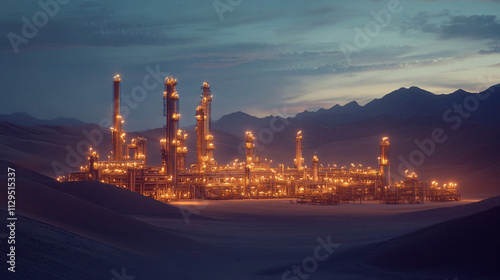 Large industrial plant with a beautiful sunset in the background. The sky is filled with a warm orange hue, creating a serene and peaceful atmosphere