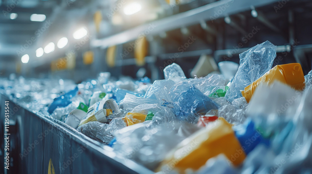 A conveyor belt carrying various plastic bottles and waste at a recycling plant. Represents recycling, waste management, environmental issues, and plastic pollution. A conveyor belt carrying various plastic bottles and waste at a recycling plant. Represents recycling, waste management, environmental issues, and plastic pollution.