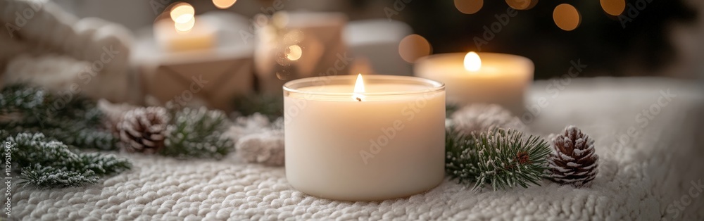 Cozy Candle Display with Christmas Decorations Cozy Candle Display with Christmas Decorations