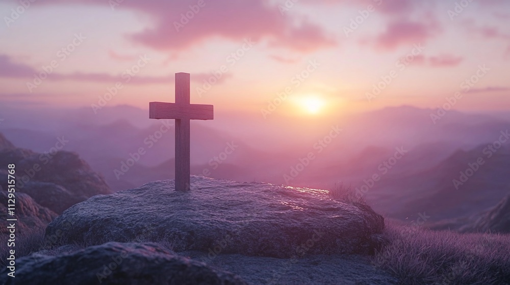 Sunrise over mountains with cross.