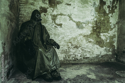 ​Mannequin with vintage military chemical protection hazmat suit and gas mask