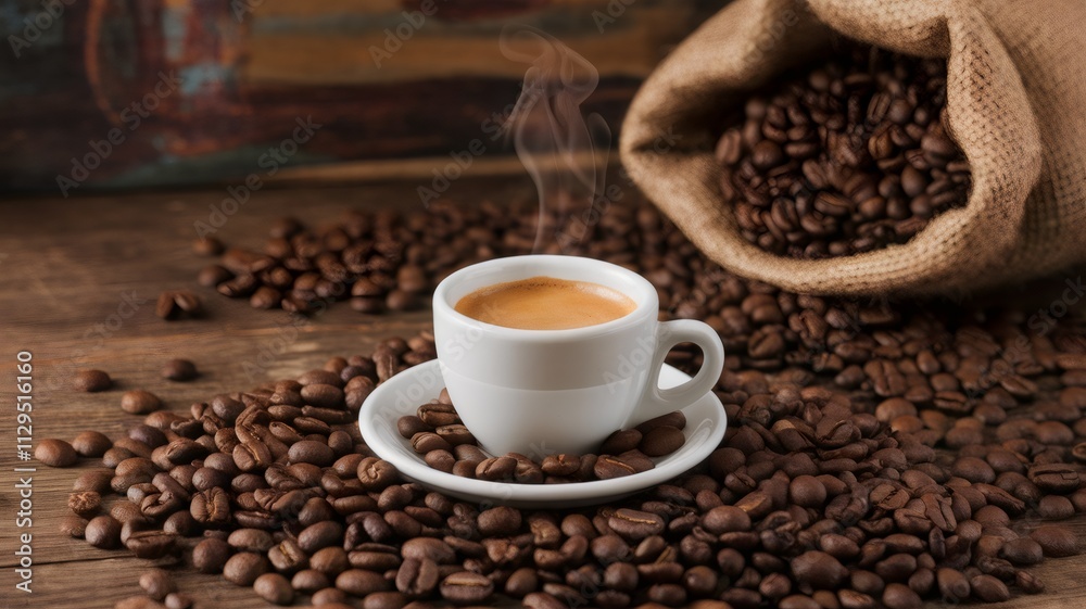 Fototapeta premium Espresso Shot of Delight: Aromatic coffee beans surround a steaming espresso cup, promising a rich and invigorating experience. The burlap sack adds a rustic charm.