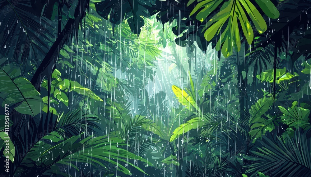 Fototapeta premium Lush green jungle scene with dense foliage and rain falling softly, creating a serene and refreshing atmosphere.