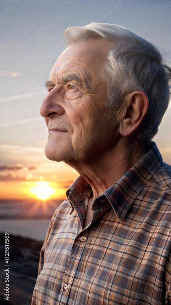 Elderly man gazing at sunset, peaceful coastal landscape and golden hues Elderly man gazing at sunset, peaceful coastal landscape and golden hues