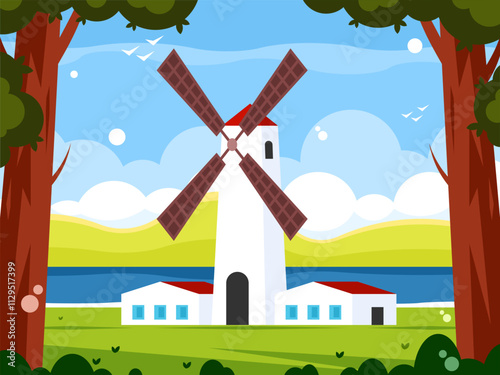 Windmill near the lake. Traditional windmill building with outbuildings. Background with lake shore and lawn on a sunny summer day. Vector graphics