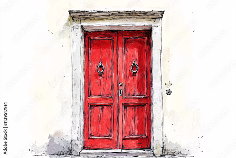 Hand-drawn red double wooden doors with rectangular stone frame on a lightly textured white background
Hand-drawn red double wooden doors with rectangular stone frame on a lightly textured white background
