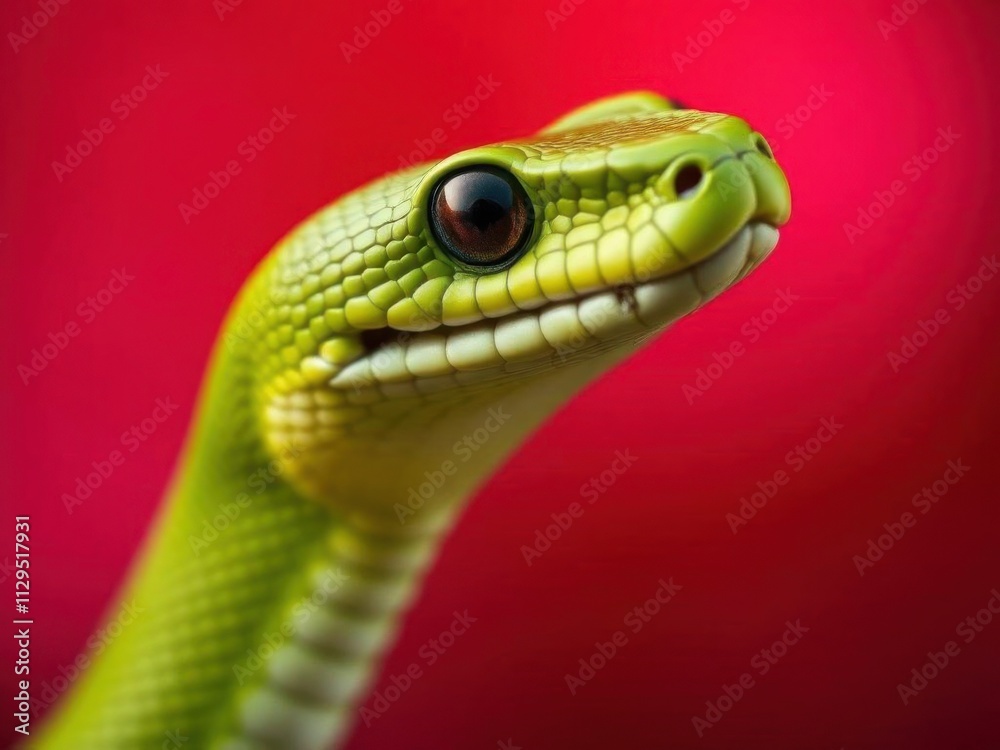 Close-up of a green snake head with bright eyes on a red background. Symbol of 2025 