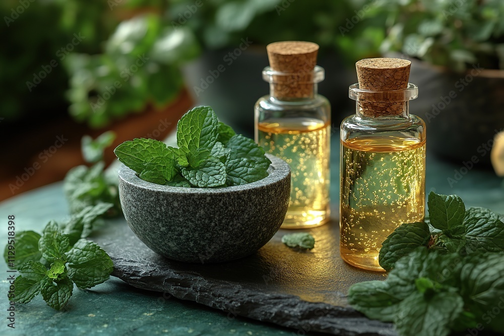 Small bottles of mint essential oil with mint leaves in mortar Small bottles of mint essential oil with mint leaves in mortar