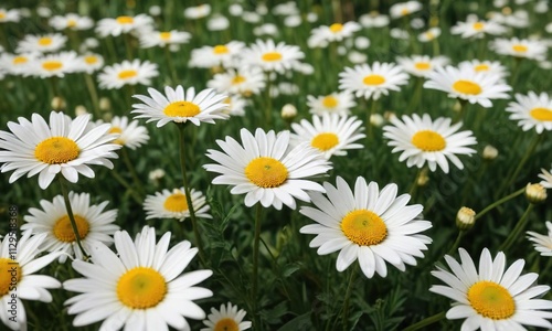 Peaceful atmosphere of white and yellow daisy flowers in full bloom, white, flowers