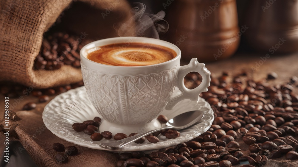 Aromatic Coffee Indulgence: A steaming cup of coffee, nestled in a delicate porcelain cup, sits amidst a scattering of roasted coffee beans. The warm. Aromatic Coffee Indulgence: A steaming cup of coffee, nestled in a delicate porcelain cup, sits amidst a scattering of roasted coffee beans. The warm.