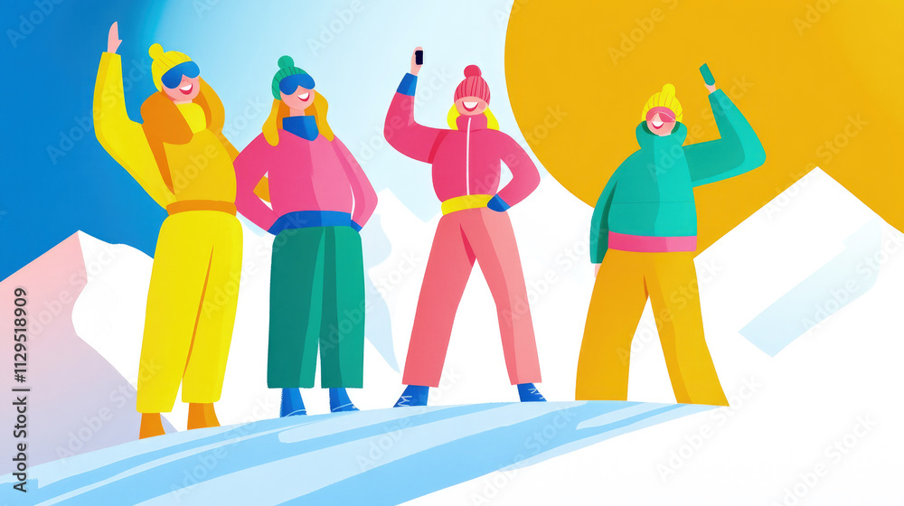 Fototapeta premium Illustration of friends skier standing full length in colorful clothes, smiling and taking a selfie against a backdrop of snowy mountains under bright sunlight.