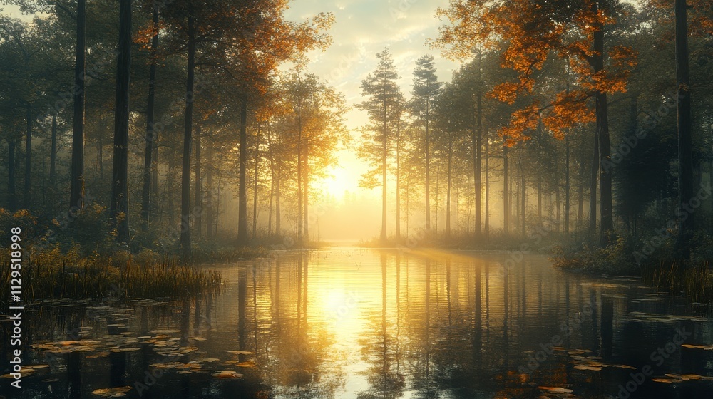 Obraz premium Tranquil Autumn Landscape at Sunrise with Reflections on Still Water Surrounded by Majestic Trees and Soft Mist in a Serene Forest Setting