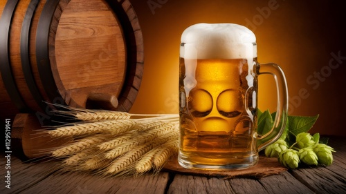 A Toast to Tradition: A frosty mug of beer sits on a wooden table, surrounded by the essential ingredients of brewing - a barrel, wheat, and hops - symbolizing the time-honored craft of beer making.  photo