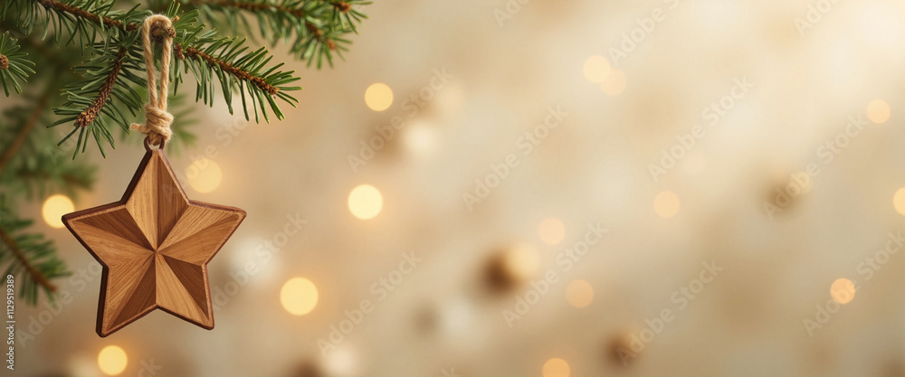 Wooden Star Ornament Festively Hanging on Christmas Tree Branch with Bokeh Background with Copy Space Wooden Star Ornament Festively Hanging on Christmas Tree Branch with Bokeh Background with Copy Space